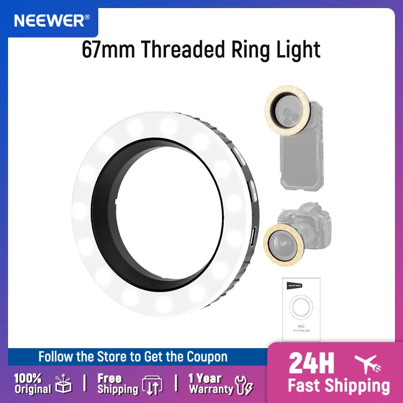 NEEWER Basics 67mm Threaded Ring Light for 67mm Phone Mounts/Cases/Lens Rechargeable Bi Color LED Selfie Photo Fill Lighting
