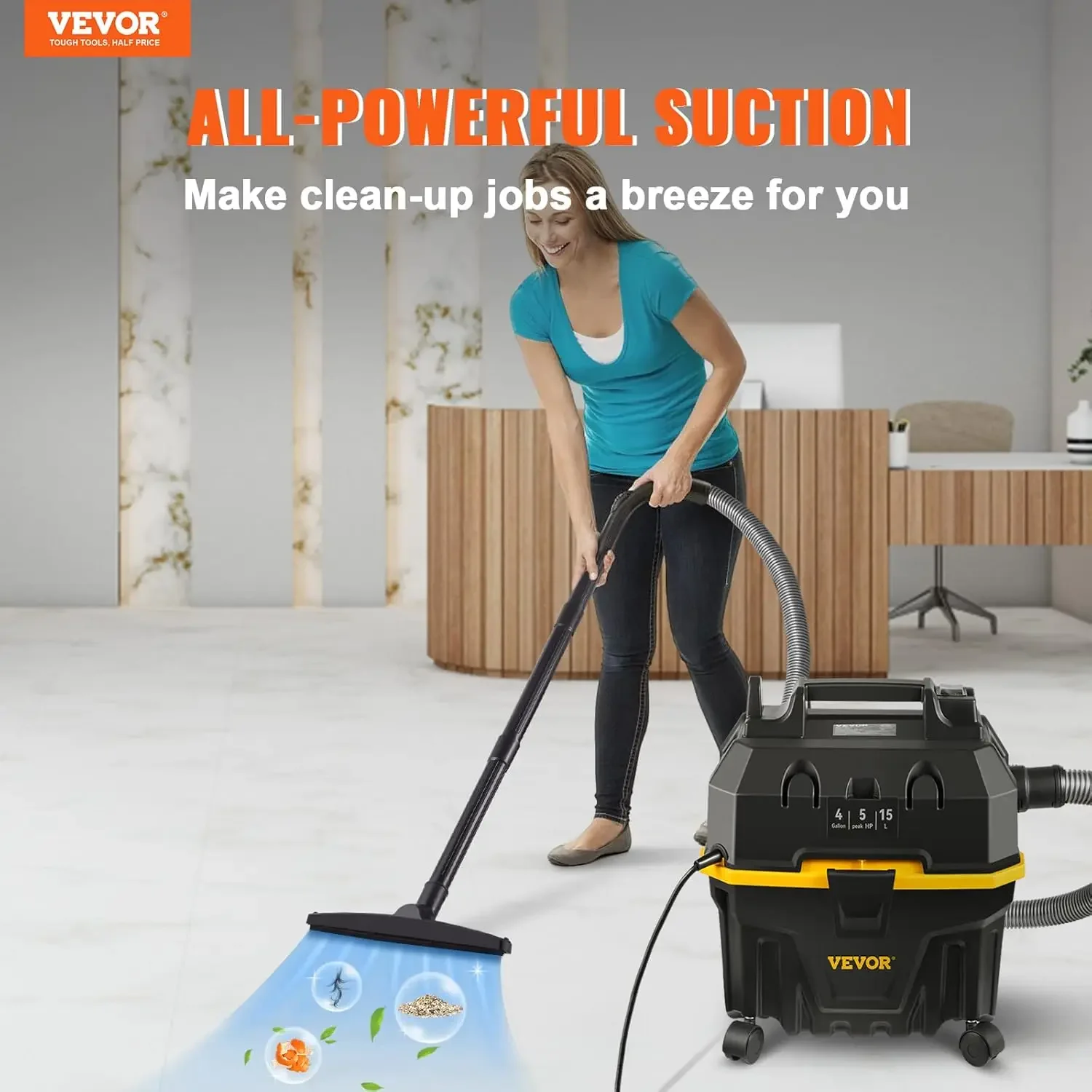 Wet Dry Vac, 4 Gallon, 5 Peak HP, 3 in 1 Shop Vacuum with Blowing Function Portable Attachments to Clean Floor, Upholstery, Gap