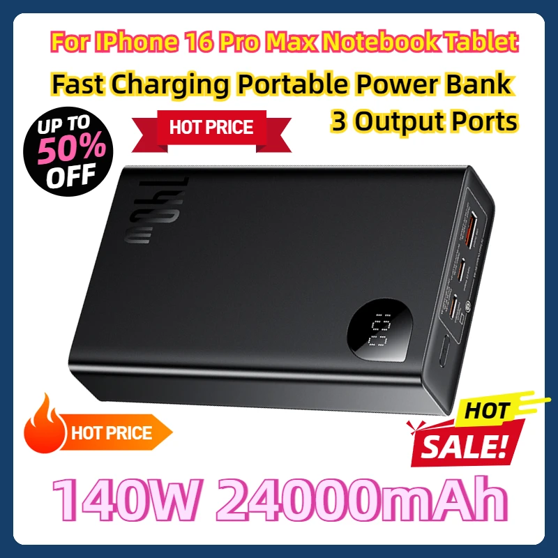 For IPhone 16 Pro Max Notebook Tablet 140W Power Bank 24000mAh Fast Charging Portable Battery Charger 3 Output Ports