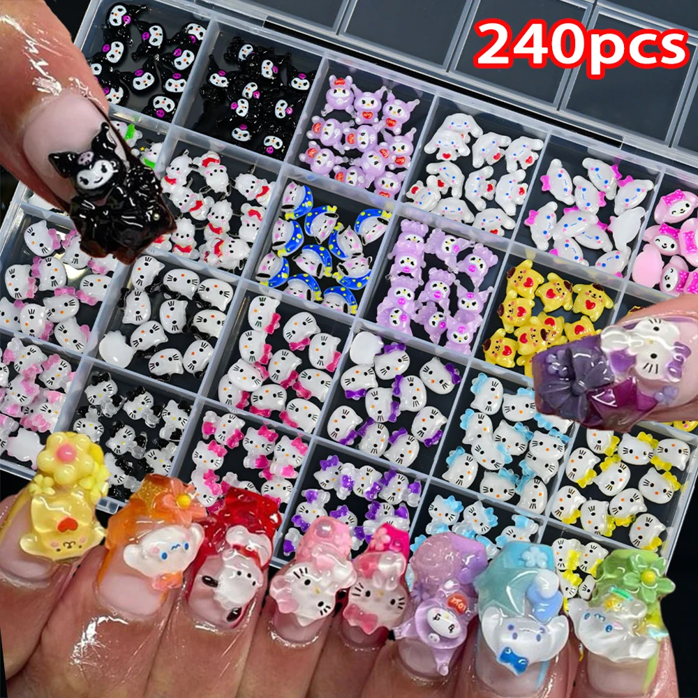 240pcs=24Grid Sanrio Mixed Cartoon Cute Nail Charms 3D Colorful Hello Kitty Kuromi My Melody Nail Parts DIY Manicure Accessories