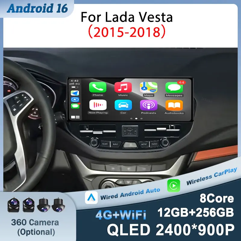 For Lada Vesta 2015-2018 Car Video GPS Navi 12.3 inch Android 16 (OS) Wireless CarPlay Touch Screen Bluetooth DSP Stereo QLED 4G