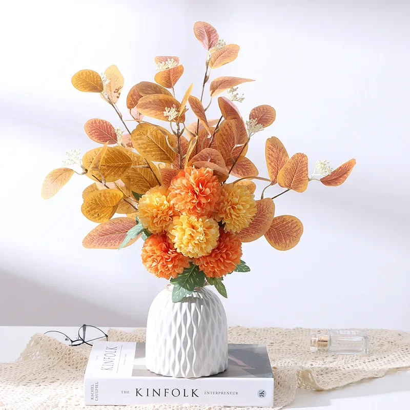 

Interior Design Home Living Room Decoration Blue Flower Fake Flower Silk Ball Yellow Chrysanthemum Bouquet Artificial Flowers