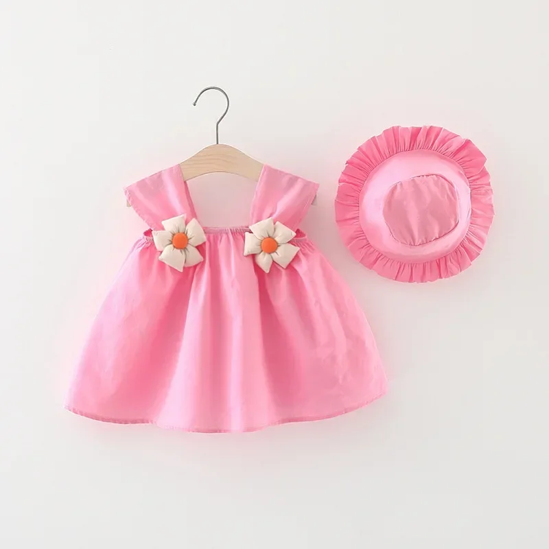 2PCS/set Cotton Toddler Baby Girls Summer Princess Dress Solid Color Sleeveless Sling Dress with Flower Decor + Hat 6M-3T