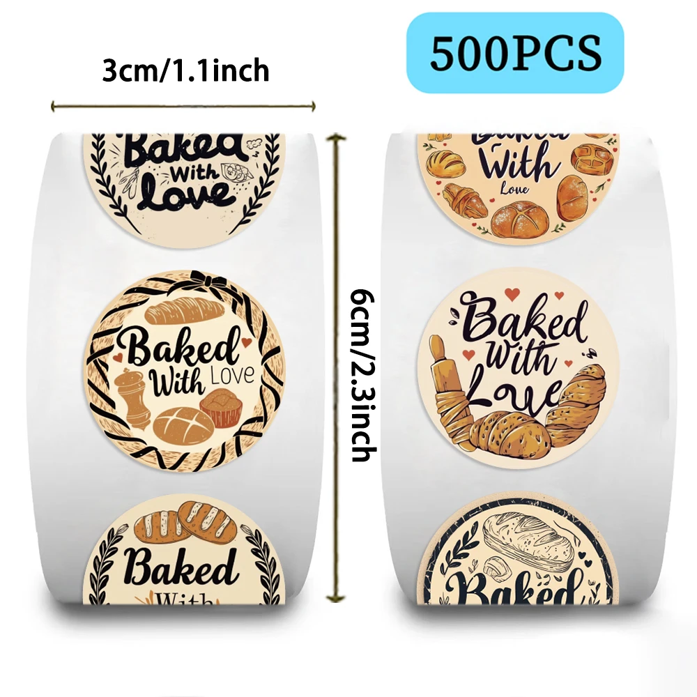 500pcs Baked with Love Stickers Designs Decals for Crafts Junk Journals Scrapbooking Creative Projects Roll Stickers