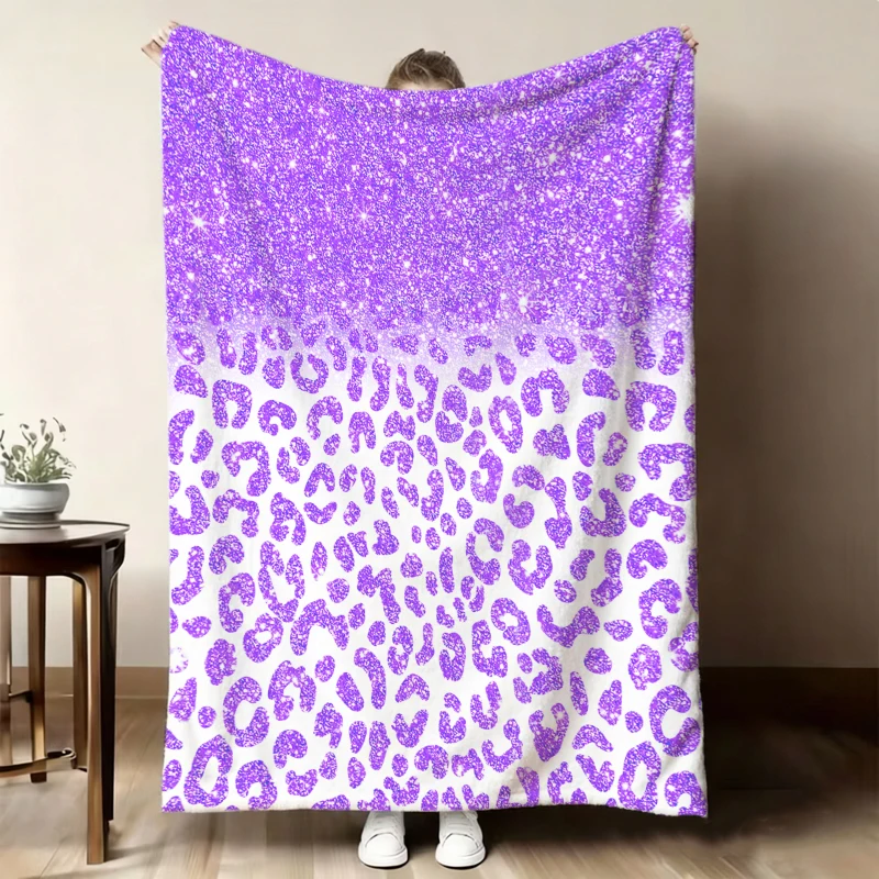 Purple Glitter Gradient Leopard Wild Flannel Blanket For Glam Bedroom Decor Lightweight Plush Throw Blanket Cover
