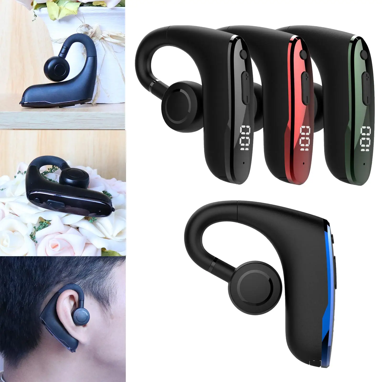 Bluetooth Headphones, Stereo Call Reminder LED Display Ear Hook for Office