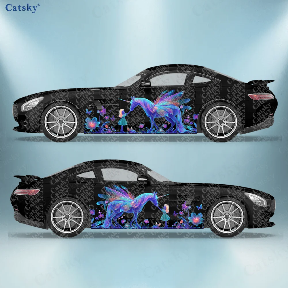 2pcs Colored Unicorn and Little Girl Car Vinyl Wrap, PVC Waterproof Side Car Sticker, Self-Adhesive Scratch-Resistant Stickers