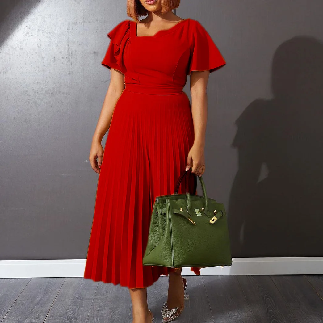 

Women's 2024 new fashion temperament solid color flared sleeve high waist pleated dress