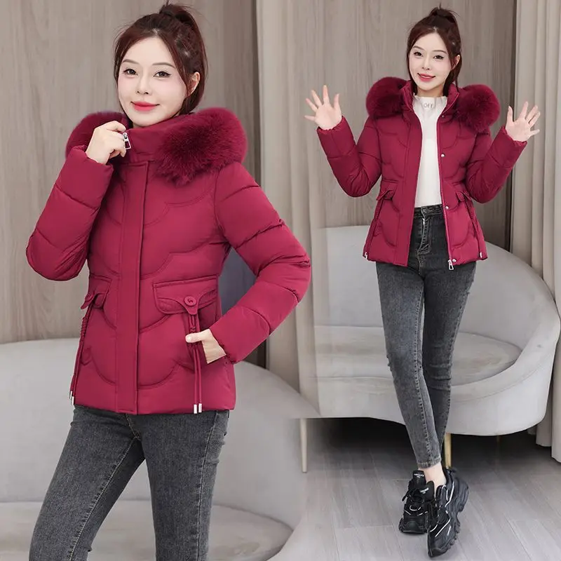 Nowy damski płaszcz slim fit z odpinanym futrzanym kołnierzem, kurtka z kapturem, bawełniana, średniej długości, krótka kurtka, zapinana na zamek, jednolity kolor, odzież wierzchnia damska.