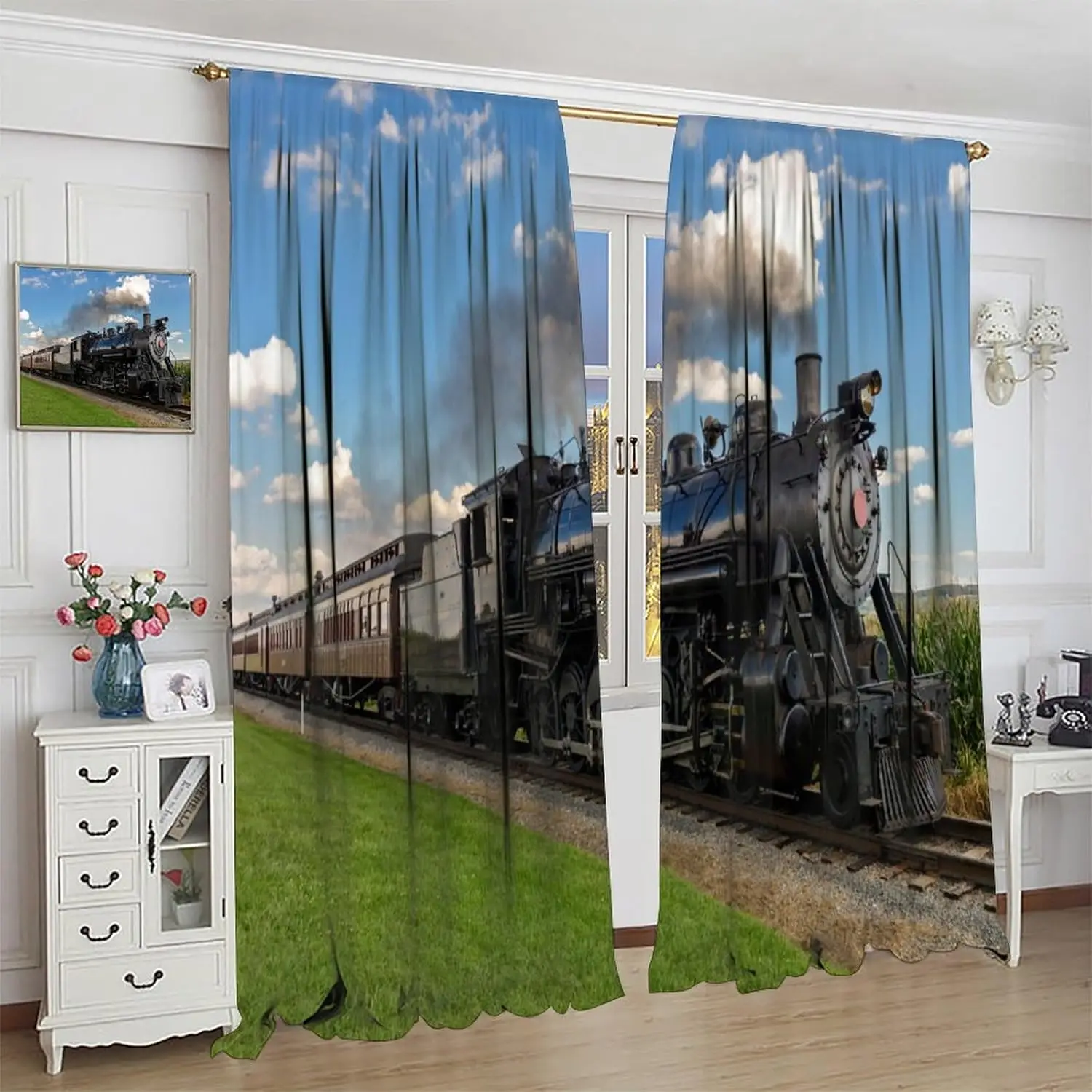 Steam Engine Blackout Curtains,3D Vintage Steam Old Train Through Country Field Scenery Print Rod Pocket Window Treatments