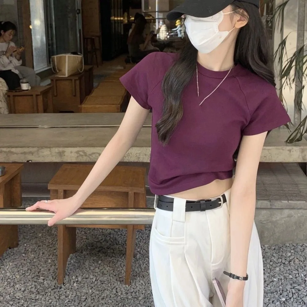

Cute Solid Color Short Sleeve T-shirt Chic Sweet Y2K Crop Top Slim Fit Korean Style Tees Shirts Women Girls