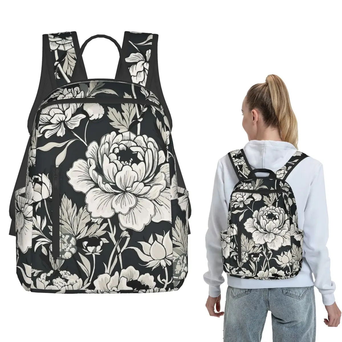 

Vintage Black White Peony Flowers Backpack Large Capacity Children BookBag School Bag Shoulder Bags for Men Women