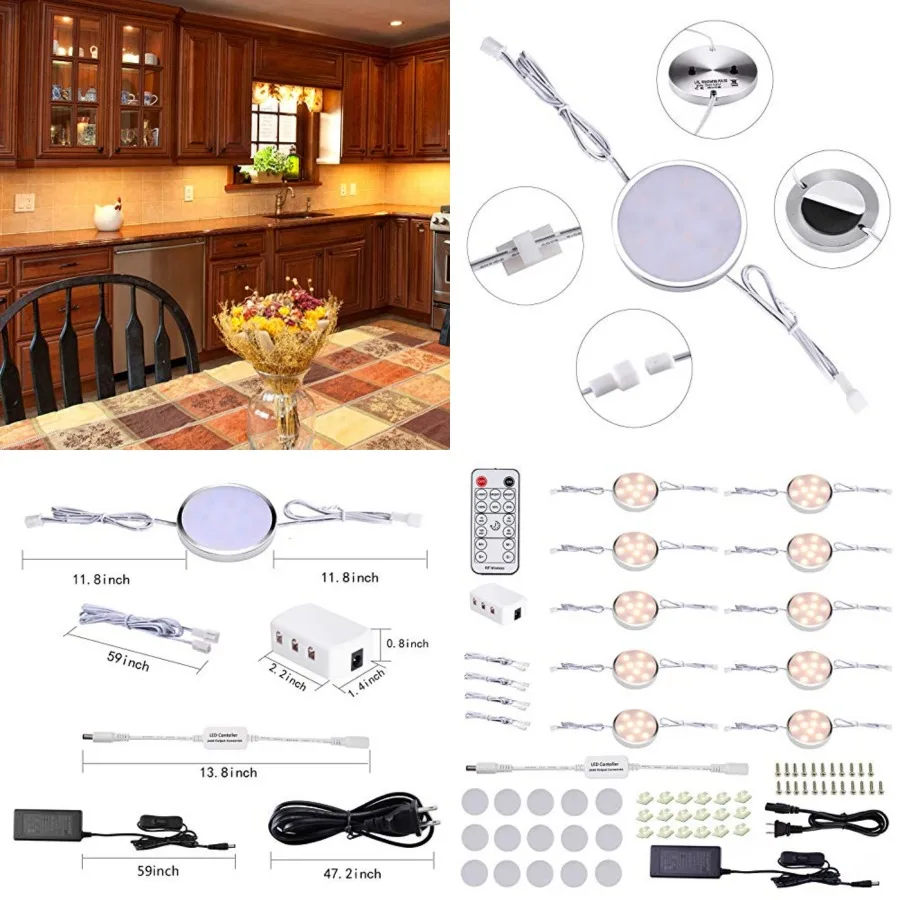

LED Dimmable Under Cabinet Lighting Plug in, 10 Pack Linkable Puck Lights with Remote Control, Hardwired Cabinet Lights with Ti