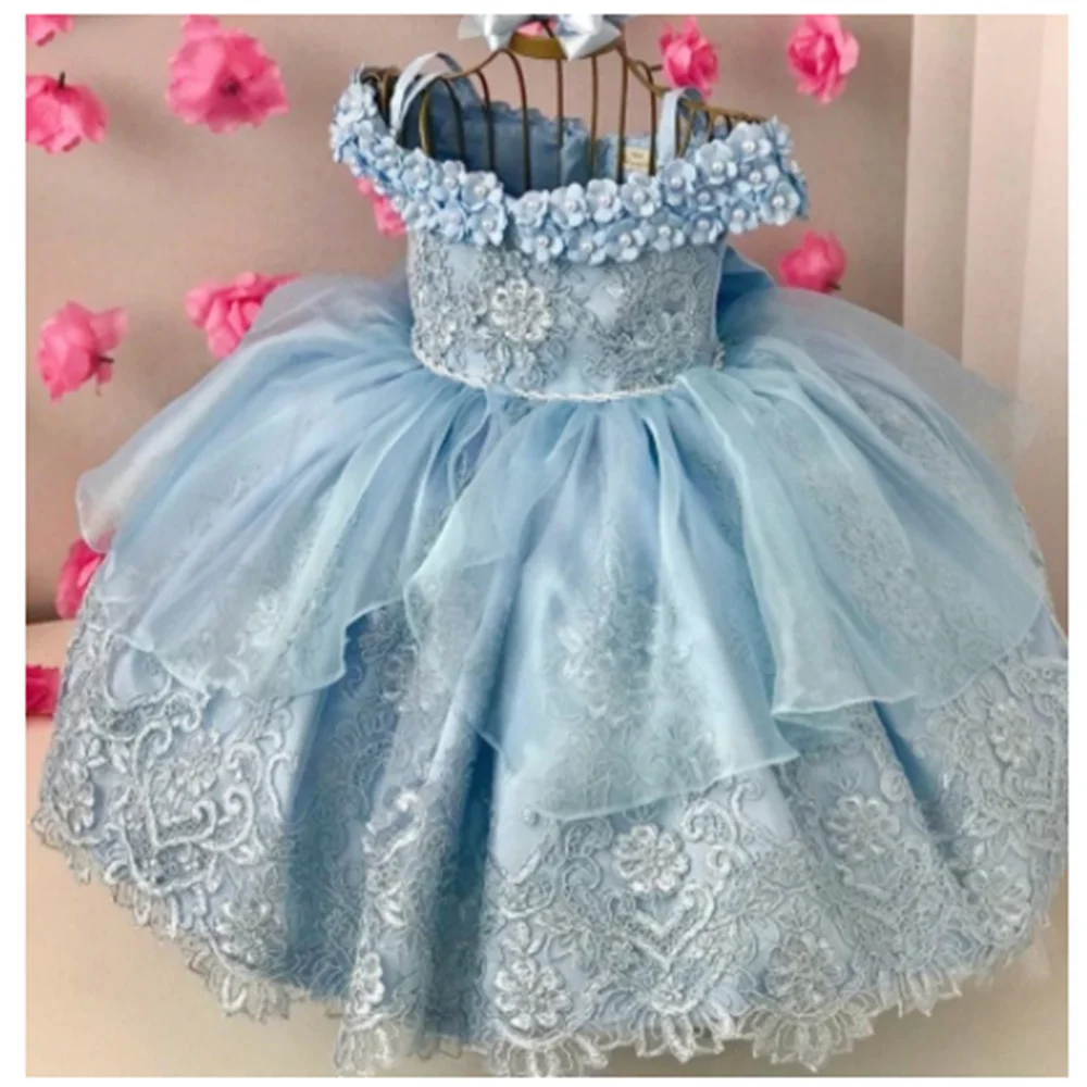 ลูกไม้ Tulle ดอกไม้ลูกปัดใหญ่ซาตินโบว์ดอกไม้สาวชุด Fit งานแต่งงานวันเกิด Princess Ball Communion Gowns