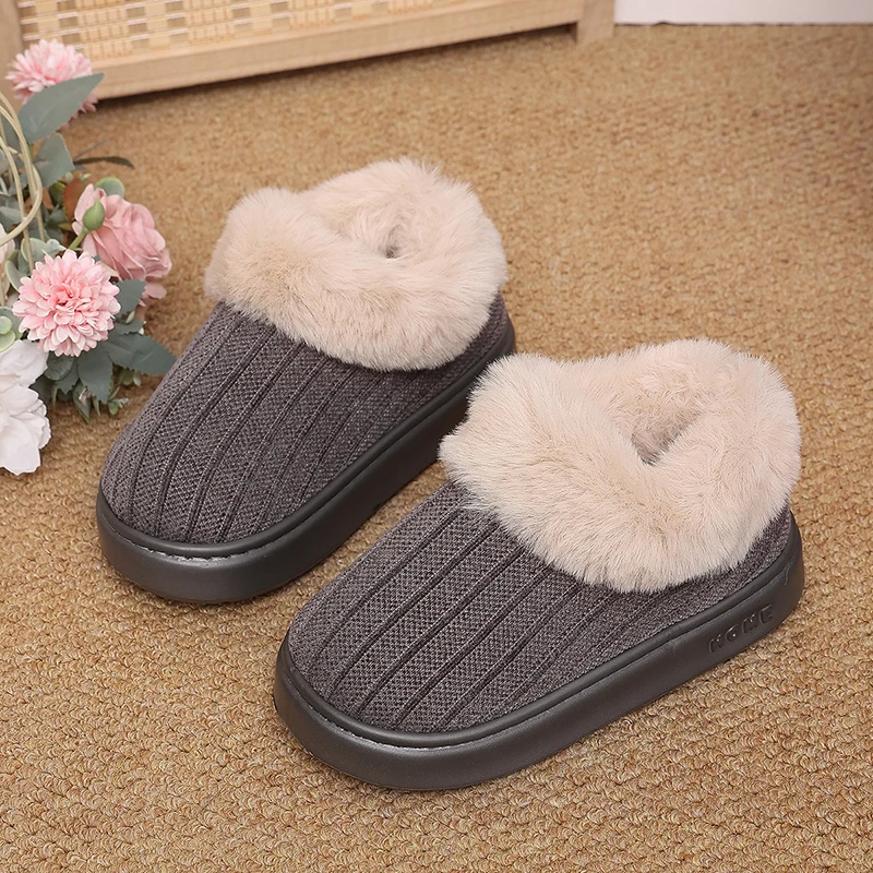 Fluffy Women Slippers Home Knitted Closed Back Winter Shoes Ladies Fuzzy Collar Plush Indoor Boots Female Thick Sole Non-Slip