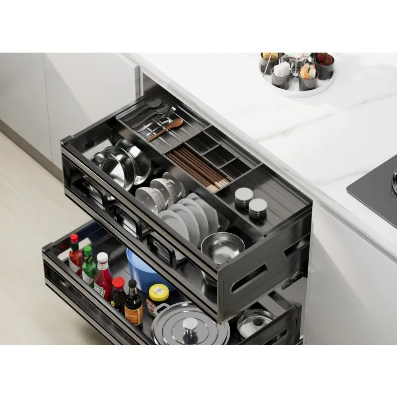 

Pull-out basket kitchen cabinet drawer bowl basket space aluminum drawer bowl rack storage cupboard built-in seasoning basket