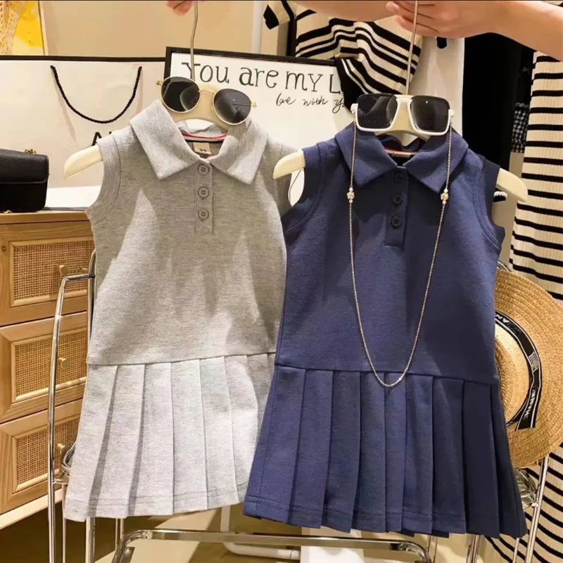 Fashion 2023 Summer Kids Clothes Girls Dress Cute Preppy Style Polo Pleated Dress Baby Girls Sleeveless Casual Dress Cotton