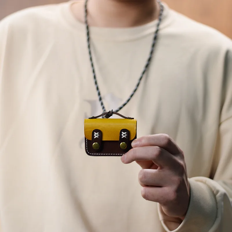 

Earphone Protect Bag Creative Design Colorblock Genuine Cow Leather Change Wallet Small Coin Purse Halter Neck Button Mini Pouch