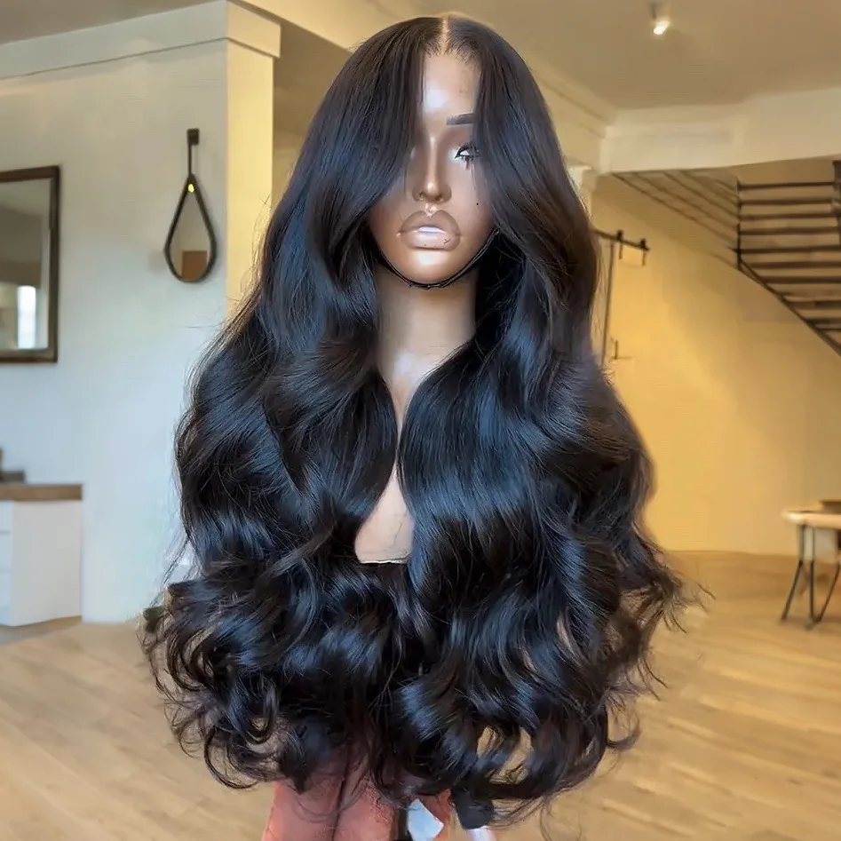 250 Density 30 40 Inch Loose Wave Black Color Synthetic Soft 13x6 13X4 HD Body Wave Lace Frontal Wig For Black Women Prepucked Bleach Knots Glueless Wig Daily Party view 2