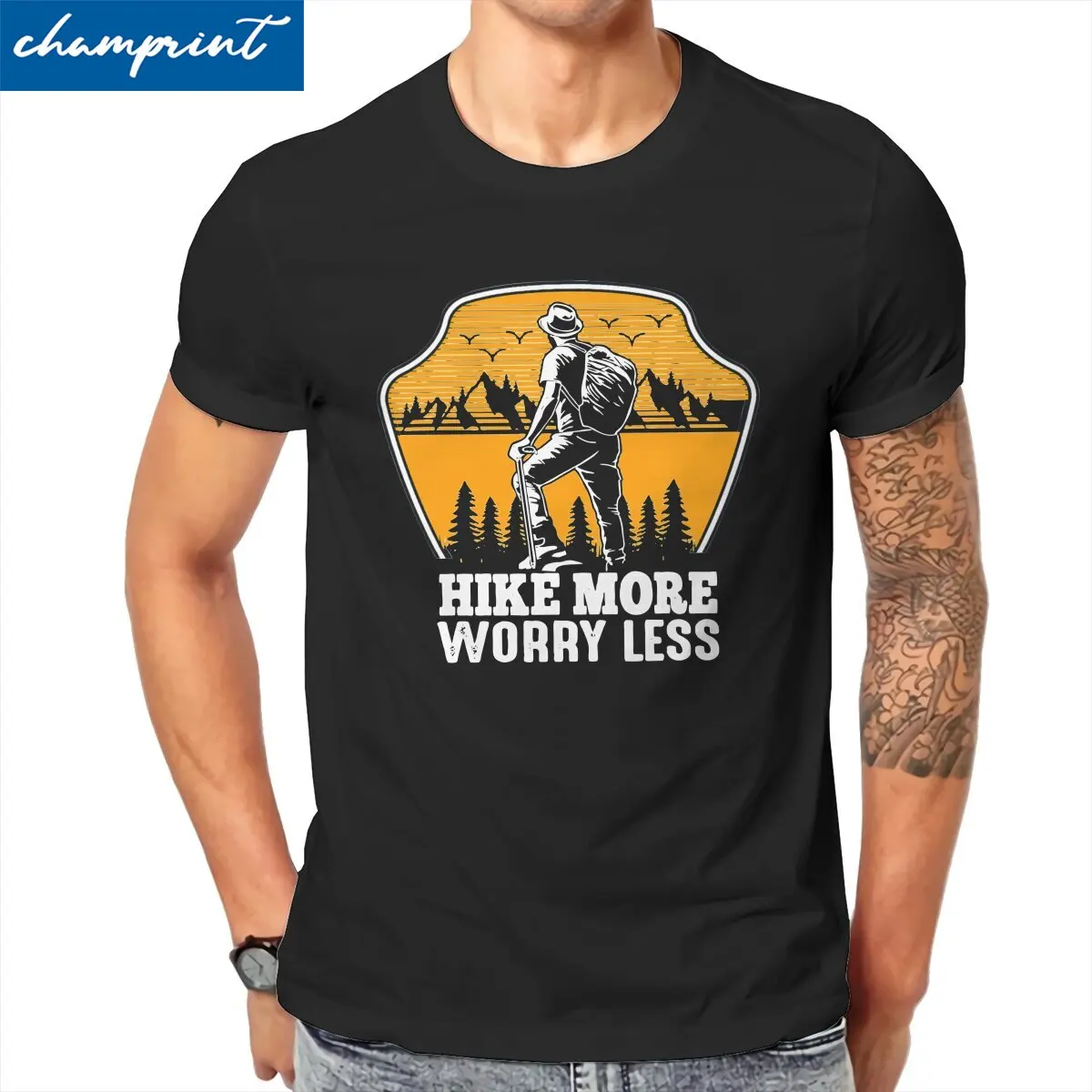 Hike More Worry Less Camping Hiking Men T Shirt  Funny Tees Short Sleeve Crewneck T-Shirt Cotton Printed Tops