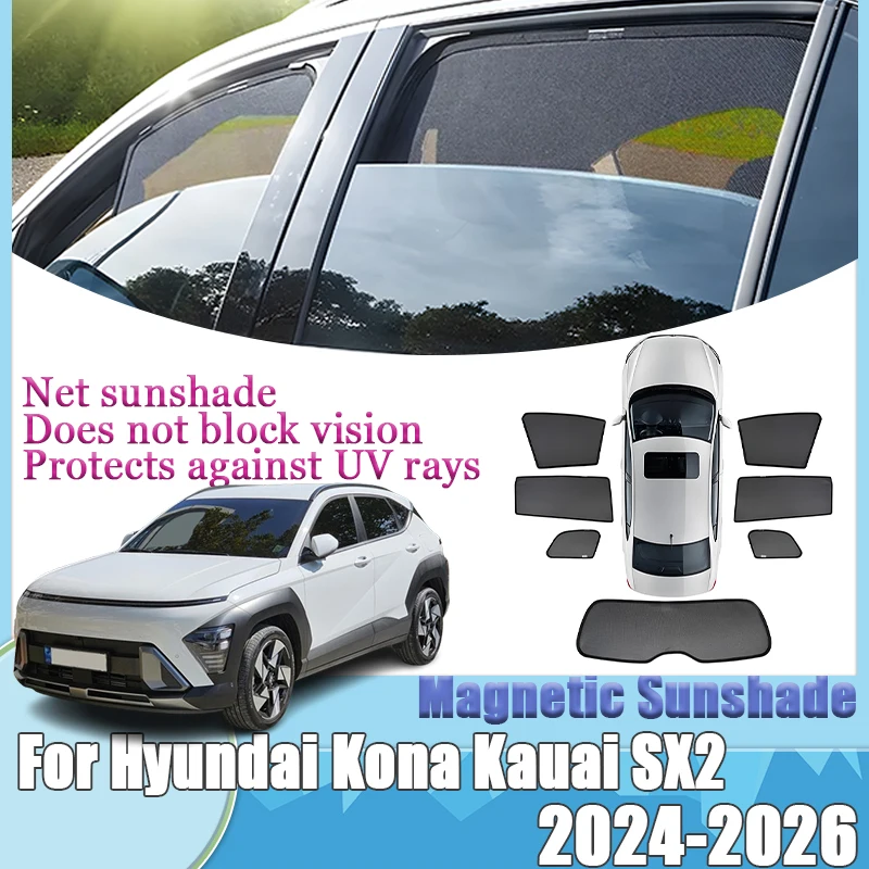 

Car Mesh Sunshades For Hyundai Kona Kauai SX2 MK2 2024 2025 2026 Magnetic Curtain Window Visors Privacy Shading Auto Accessories