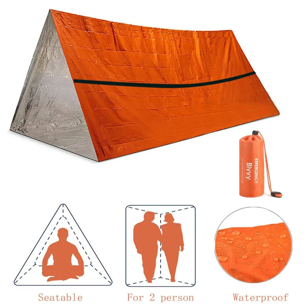 2 persone Rifugio di emergenza Bivy Tenda di sopravvivenza Kit Mylar Tubo Tenda Sacco a pelo Coperta termica SOS esterna impermeabile riutilizzabile