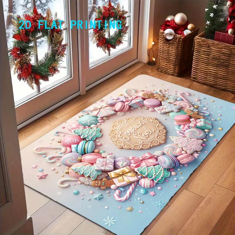Joyeux Noel Candy Cookie Wreath Print Doormat Pastel Blue Floor Rug Festive Xmas Decor Mat for Entryway Balcony Home Party