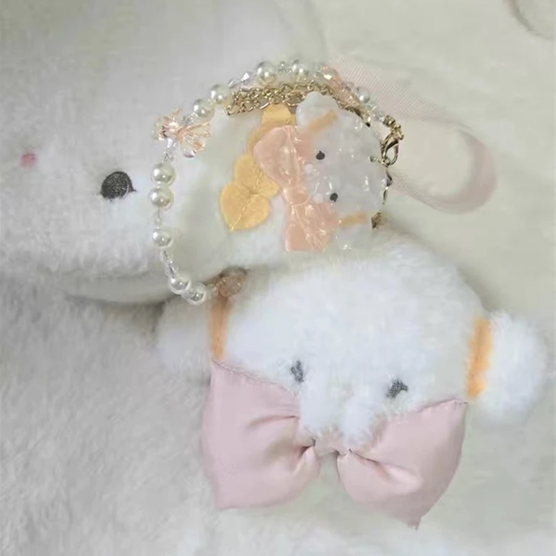 Simpatico portachiavi in peluche Cogimyun con fiocco e catena di perle Kawaii Portachiavi per borse da donna Portachiavi con ciondolo mascotte