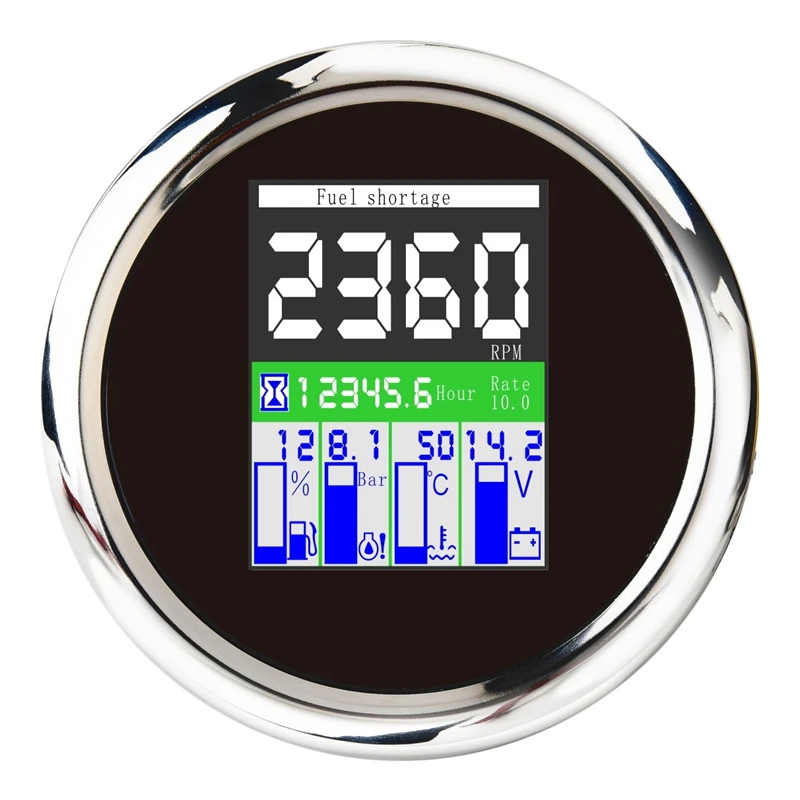 85MM 5-In-1 Multi-Functional Digital Tachometer Fuel Level Water Temp Oil Pressure Gauge Voltmeter Hourmeter Alarm