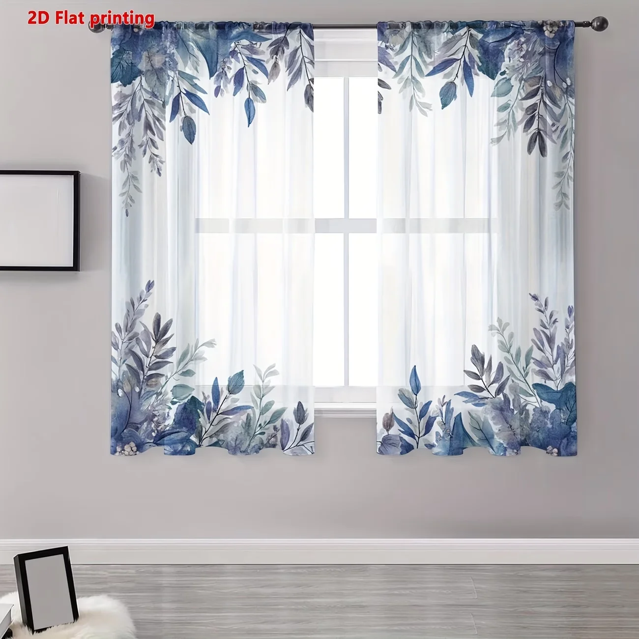 2PCS Digital Printed Sheer Curtain, Four Corner Blue Flowers, Border Frame Elegant Floral for Living Room Bedroom Home Decor