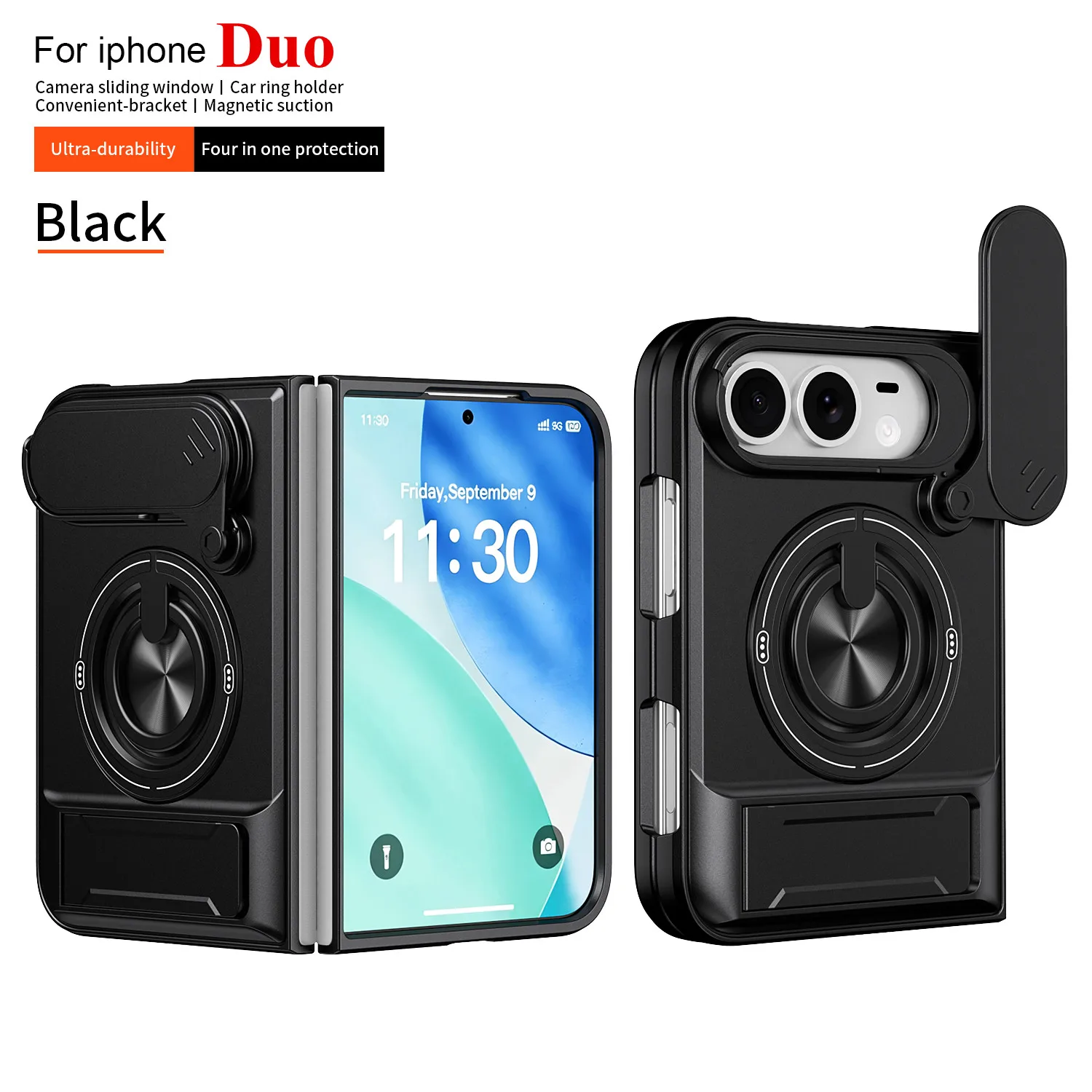 Armor Funda für iPhone Duo, Faltbare Handyhülle für Apple iPhone DUO 5G, Schiebe-Linsenschutz, Magnetischer Autohalter, Ringständer, Coque