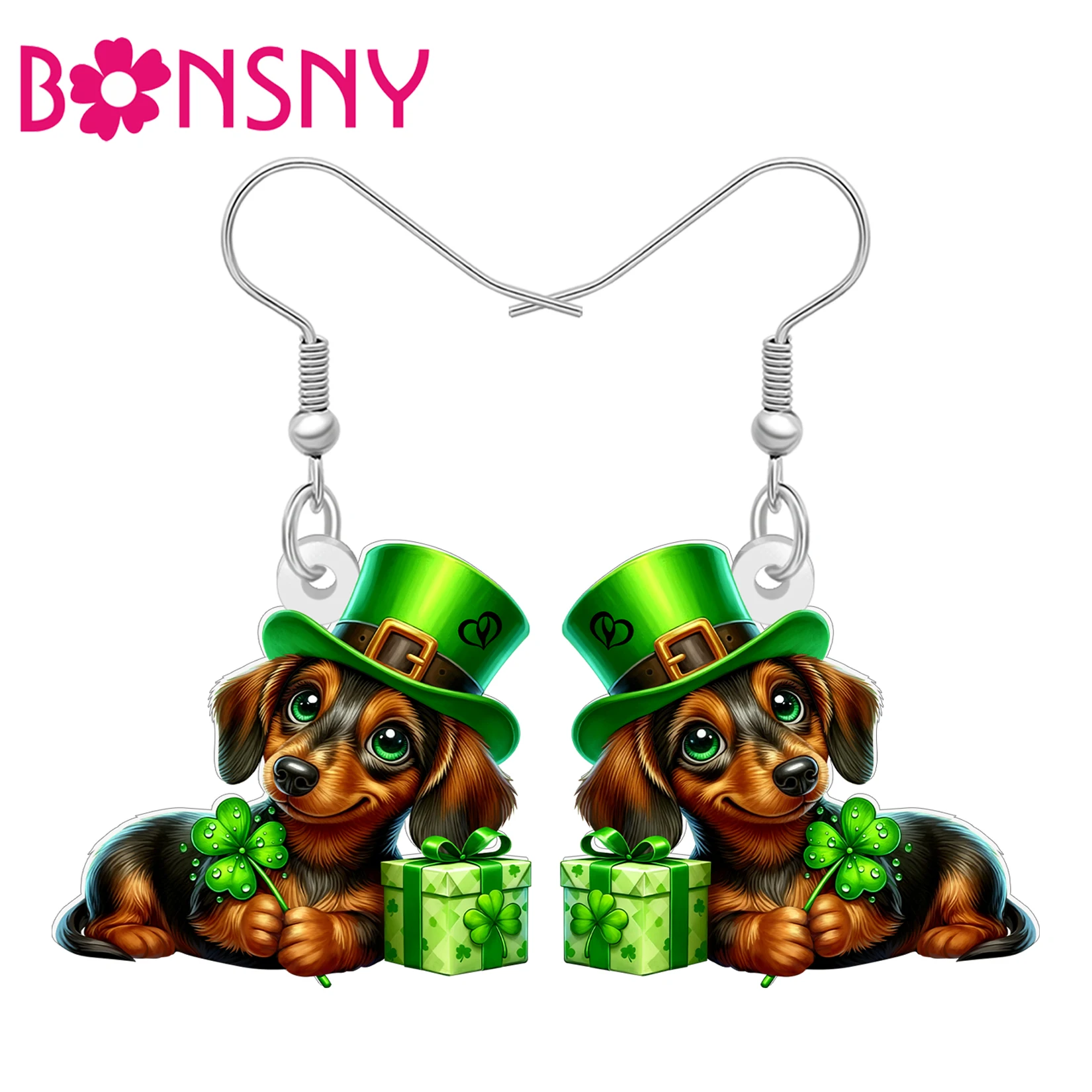 BONSNY Acrylic St Patrick Day Dachshund Dog Earrings Green Shamrock Hat Puppy Animals Jewelry Irish Good Luck Gifts For Women