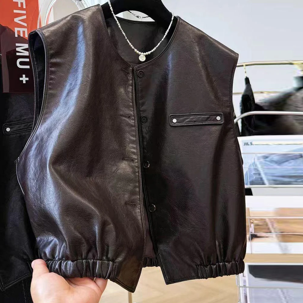 

Короткий кожаный жилет для женщин, весна-осень 202, новая мода, универсальная куртка без рукавов, жилет из искусственной кожи, жилет Tide