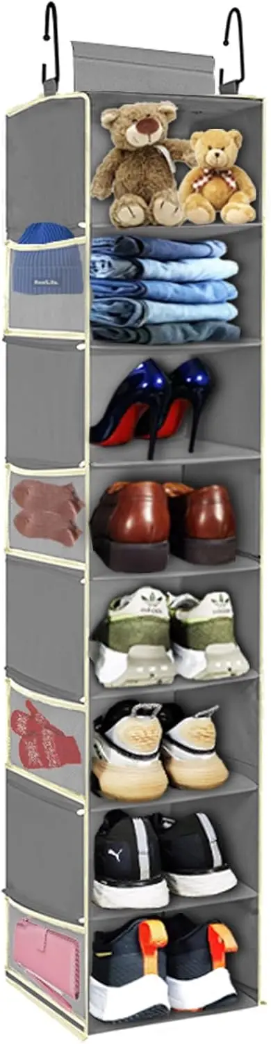

Большой подвесной органайзер для обуви с 8 полками и боковыми карманами, вместительное хранилище для обуви и одежды, серый