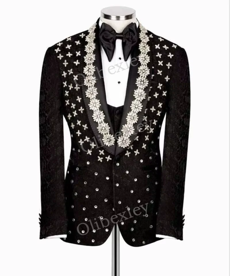 

Luxury Men's 2 Piece Suit Beaded Crystals One Button Slim Fit Vintage Shawl Lapel Tuxedos Wedding Groom Business Dinner Party