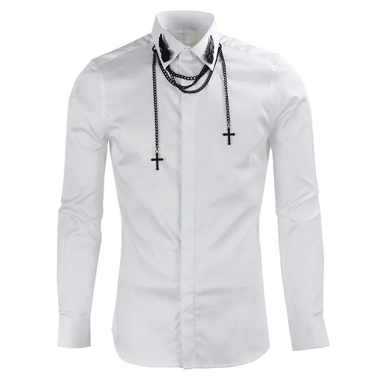 

Metal Chain Decoration Long Sleeved Men's Shirt Trendy Brand Shirt Men's Clothing Luxury Social Banquet Party Camisa Masculina