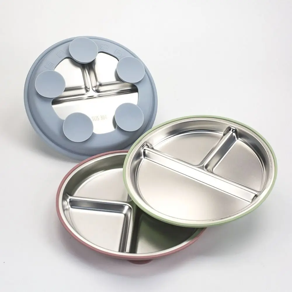 

Silicone Suction Cup Baby Sucker Dining Plate Divided Design 304 Stainless Steel 3 Grids Children Dishes Anti-fall Non-Slip