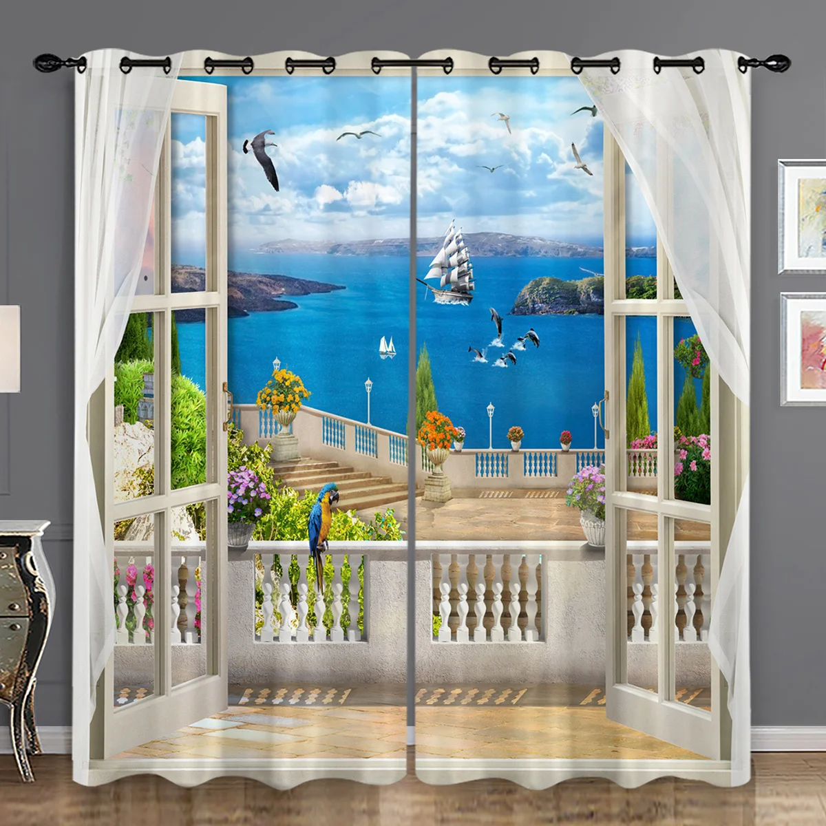 2pcs Island Landscape Printed Translucent Curtain Living Room Game Room Bedroom Multi-scene Polyester Rod Pocket Decor cortinas