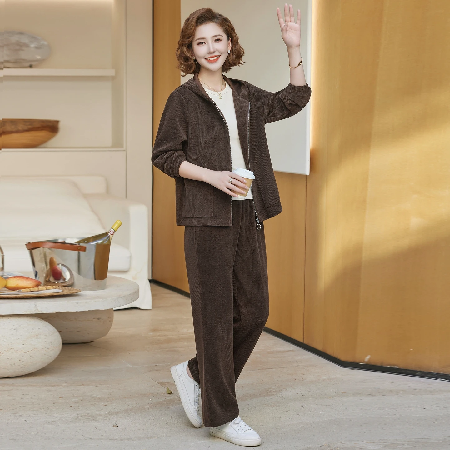 

Spring Sportswear Set for Middle-Aged Mothers Casual Hoodie Jaet Long Pants Stand Fit Comfortable Polyester Blend Women'...