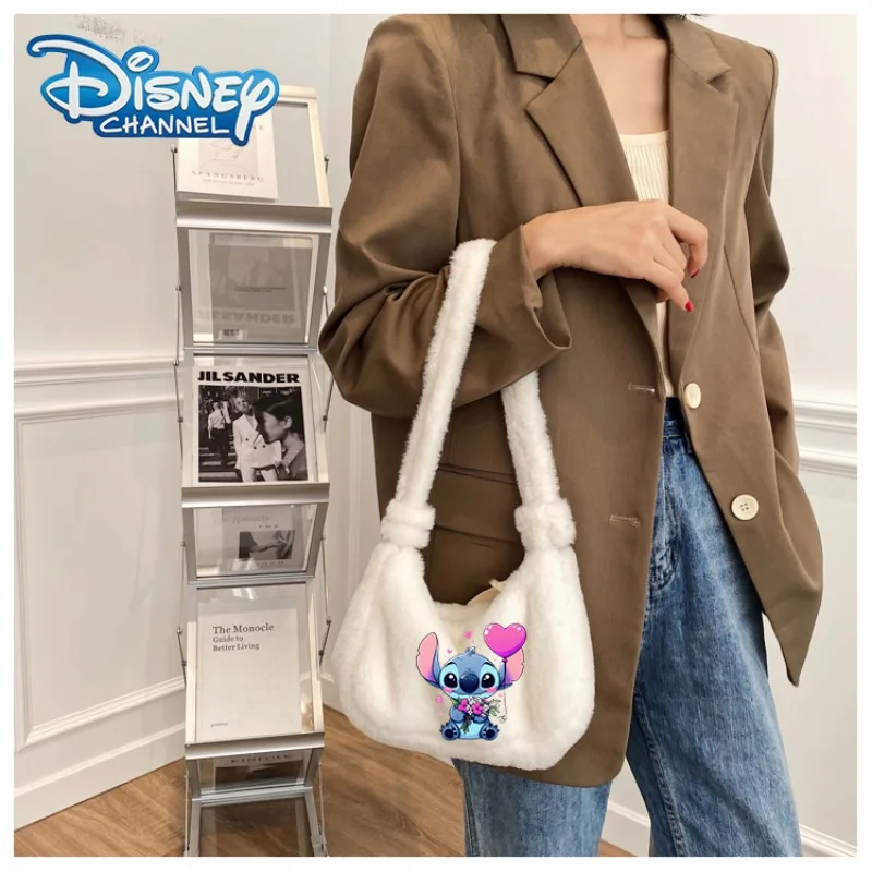 Lilo & Stitch Plush Underarm Bag Angel Ladies Shoulder Bags Women Y2K Furry Purse Fluffy Tote Packets Autumn and Winter Style