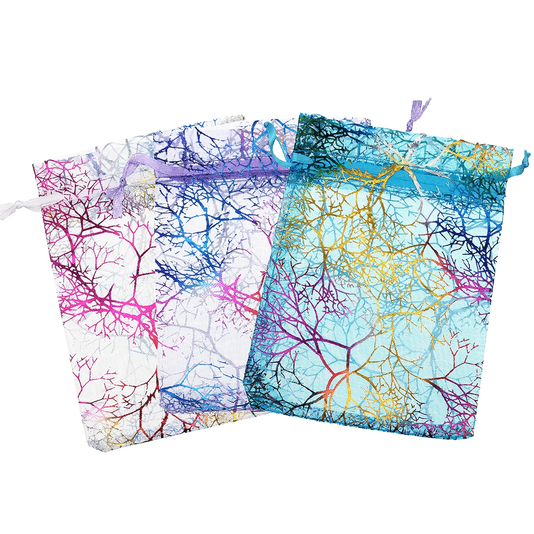 أكياس هدايا برباط من الأورجانزا ، طباعة ألوان الأشجار ، أكياس تعبئة الحلوى ، هدايا عيد الميلاد ، حقيبة تخزين ، 10 في الكثير من المجوهرات