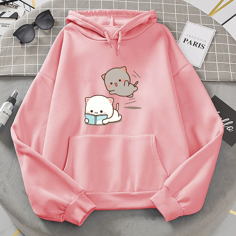 Novelty Design Couple Hoodies Kawaii Peach Cat Print Femme Hoodie Casual Winter Korean Style Camiseta Mujer Hoodie Wholesale