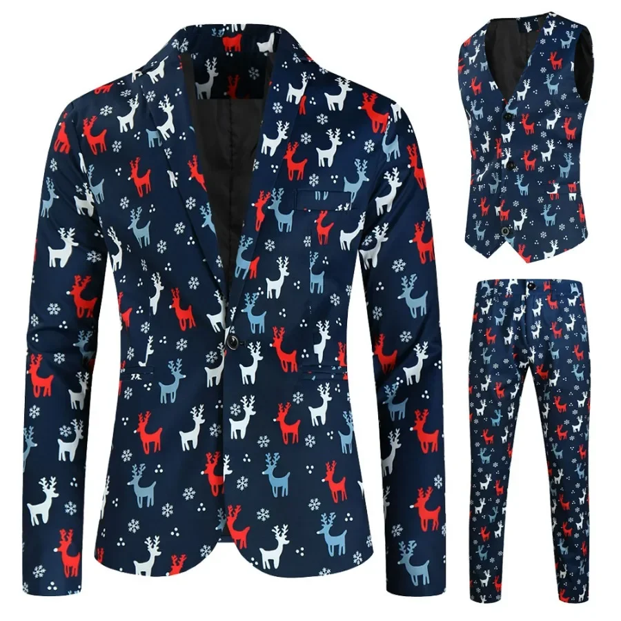 2024 Printed Three-piece Men\'s Christmas Suit (Jacket+Vest+Pants) Stylish Men Blazers Set Party Stage Costume New Men\'s Clothing