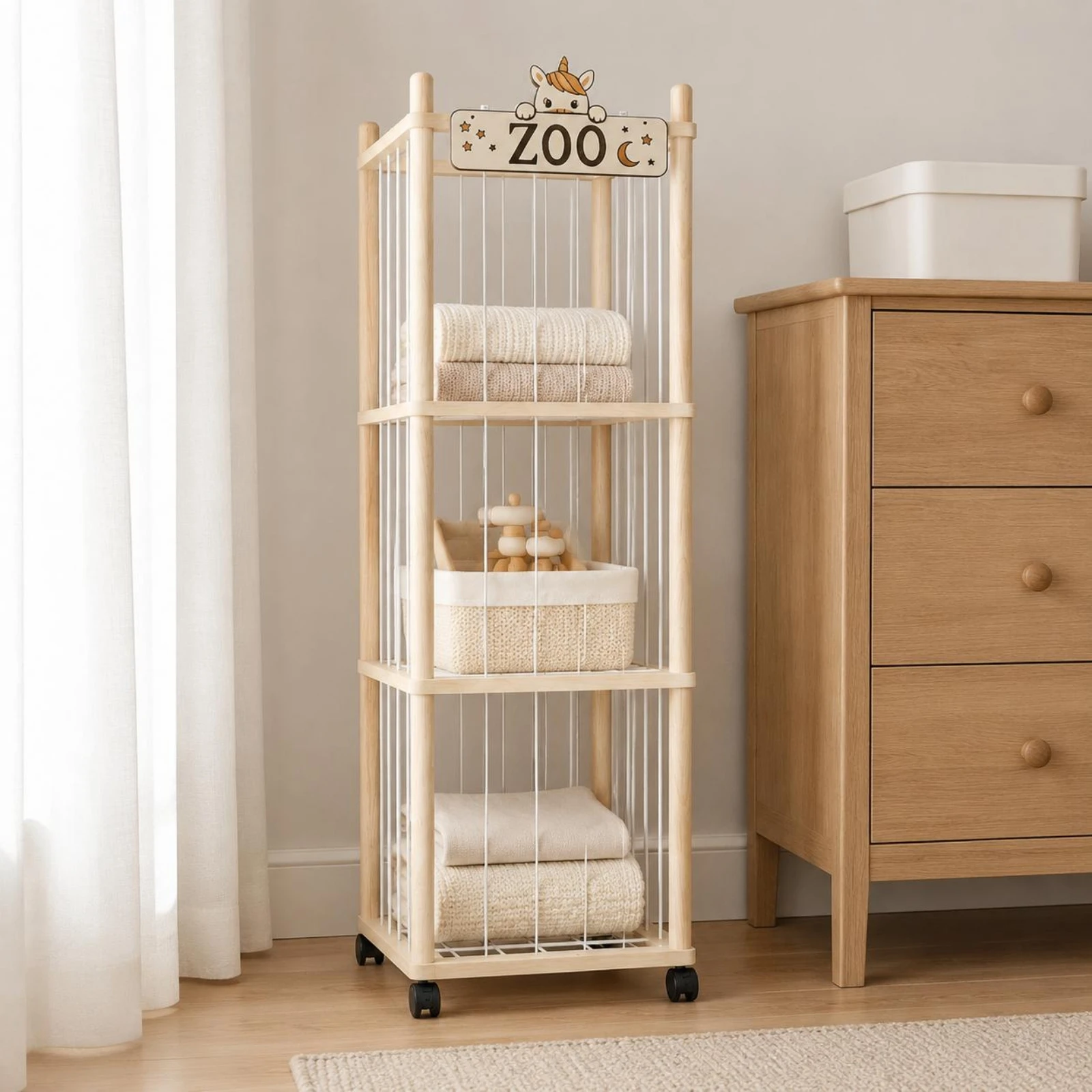 Wooden Stuffed Toy Storage Enclosure Natural Wood Finish Wooden Stuffed Creature Storage Unit Stuffed Toy Organizer on Wheels