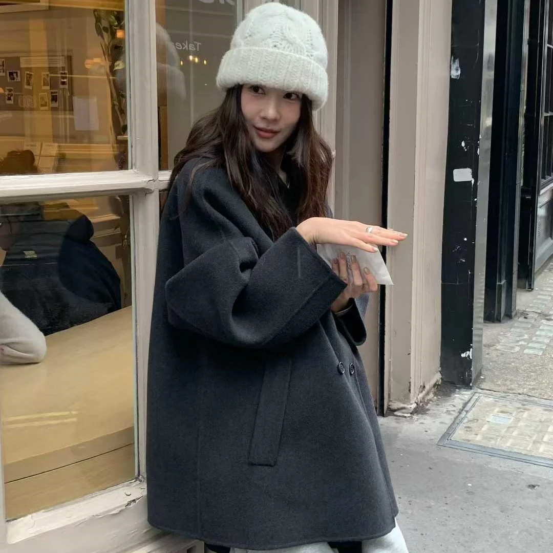 Retro Elegant Lapel Double Breasted Loose Women's Woolen Coat Large Size Commute Style Fashion Outerwear Autumn Season