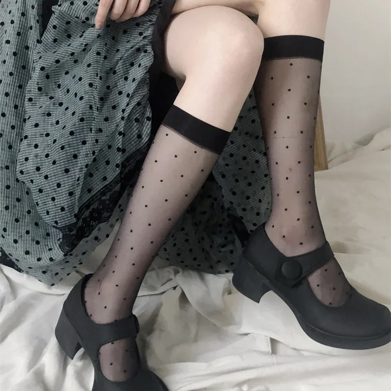 Chaussettes longues imprimées à pois, Lingerie Sexy en maille résille, chaussettes hautes aux genoux pour femmes, bas d'été en Nylon fin Transparent Lolita Kawaii