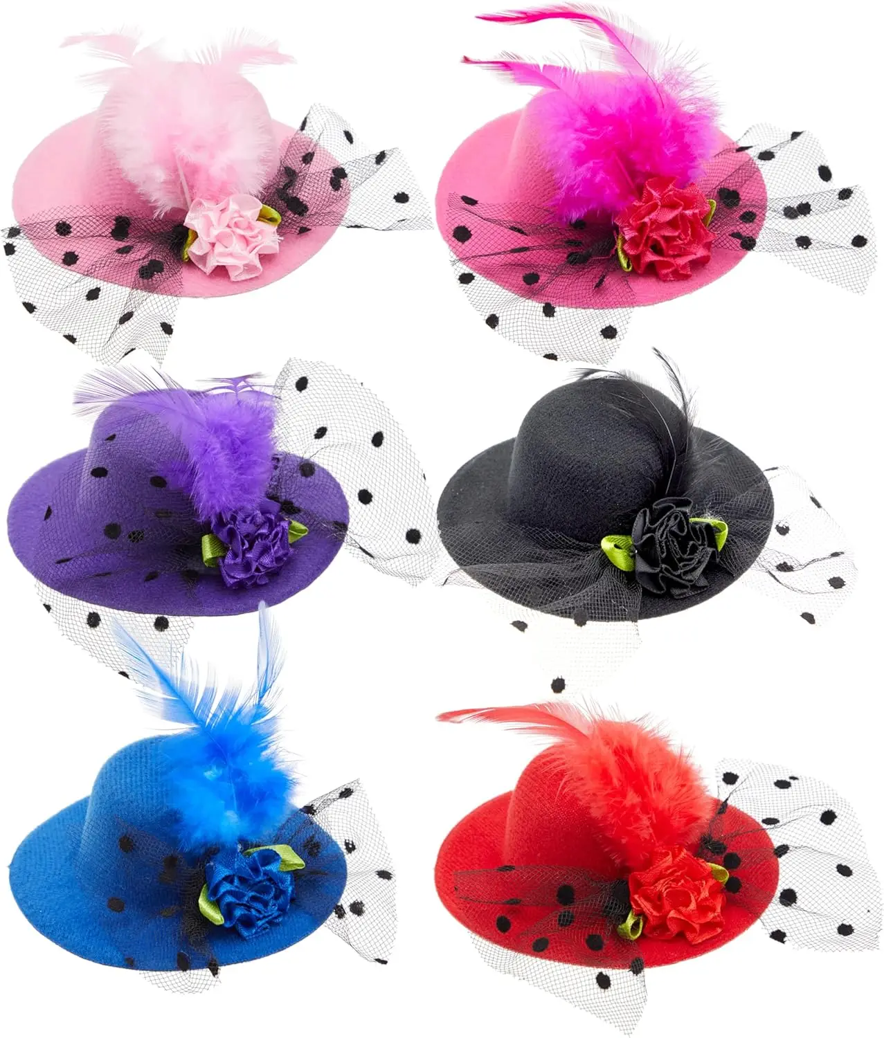 

Clip-On Fascinator Hats for Women - 6 Pack Tea Party Decor with Feathers & Flowers, 4 Inch