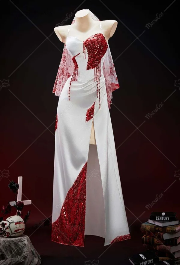 

MEOWCOS Women Gothic White Red Patchwork Blood Bridal Dress Dark Style Split Gown Dress with Veil Halloween Costume