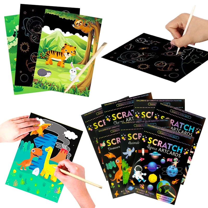 

18 PCS Scratch Painting Papers Magic Rainbow Colored Drawing Set Space Animal Ocean Pirate Bamboo Stick Gifts for Boys Girls ZYF