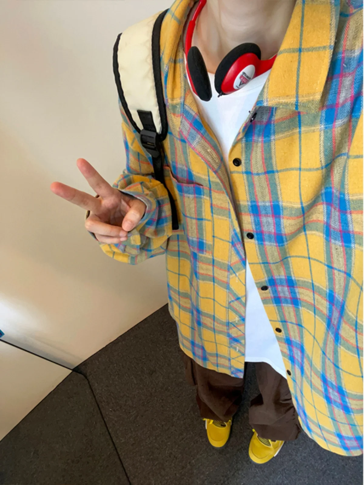 

Yellow Plaid Long Sve Casual irt Men's Autumn New American Retro Teenager Casual Outerwear Trendy Brand Youth Loose Fit